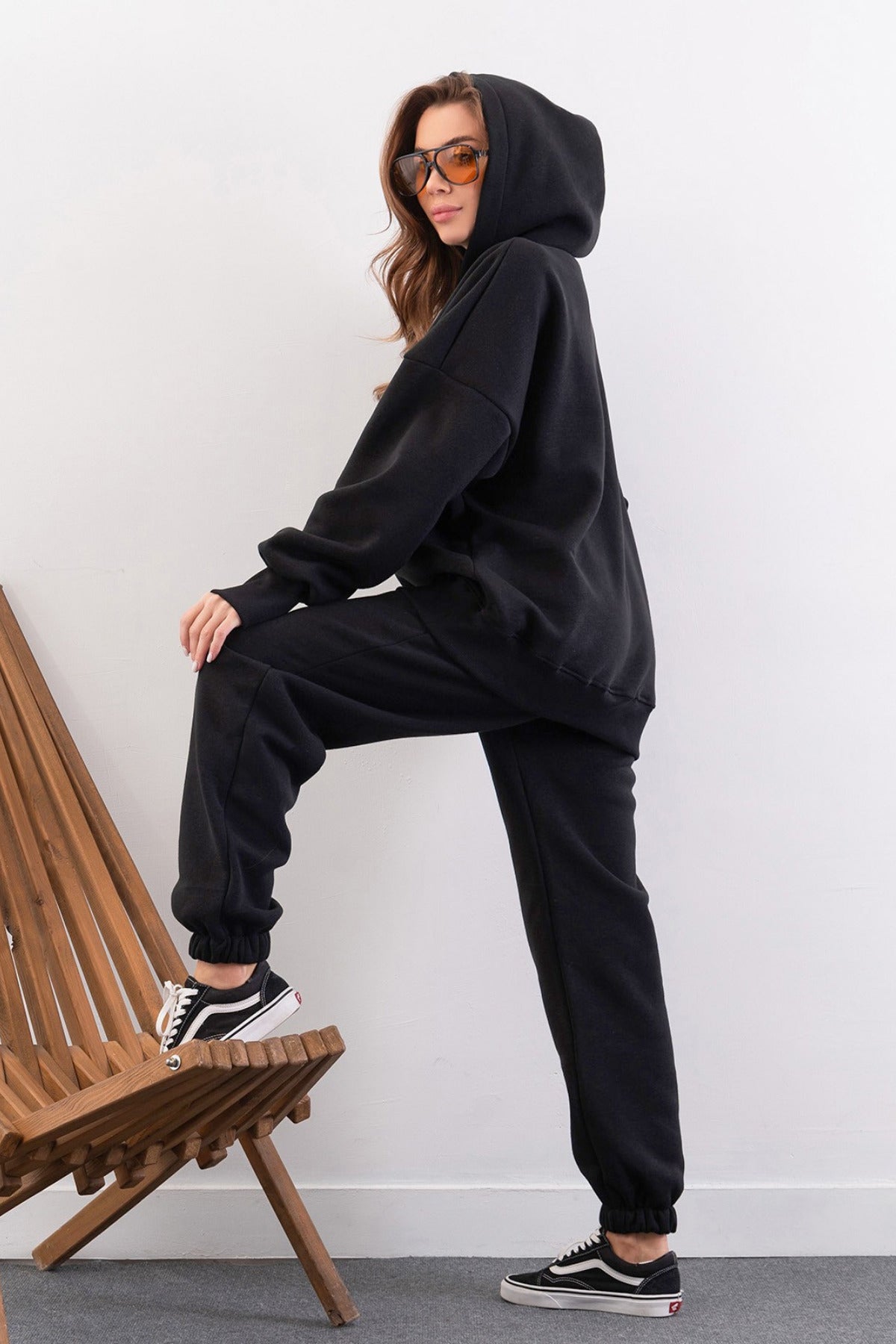 Kadın Yüksek Bel 3 İ̇plik Kalın Şardonlu Oversize Fit Jogger Eşofman Takımı - Siyah - 3