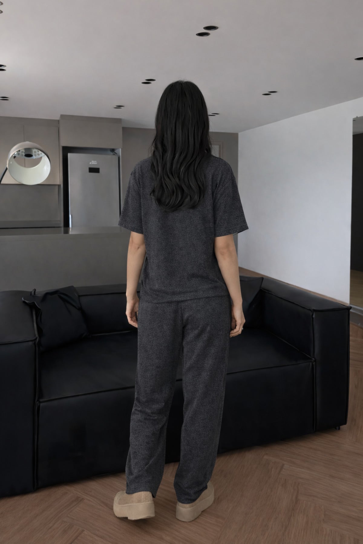 Kadın Kısa Kollu Oversize Süper Yüksek Bel Esnek Bisiklet Yaka Eşofman Takımı - Antasit Melanj - 4