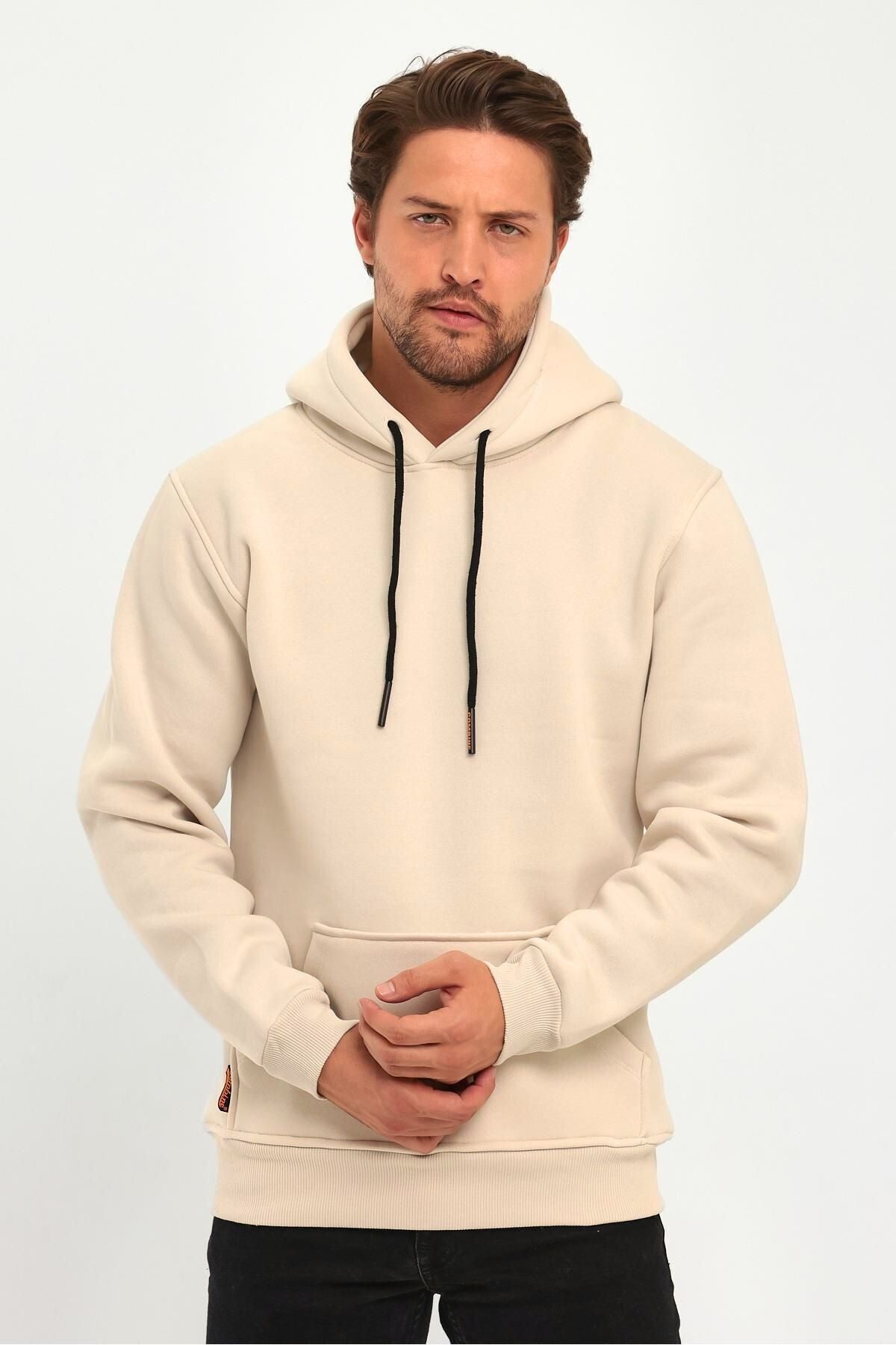 Erkek Kapşonlu Kanguru Cepli̇ 3 İ̇pli̇k Kalin Sweatshi̇rt - Bej - 5