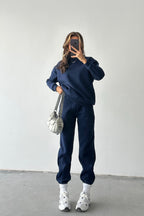 Kadın Oversize Geniş Kalıp Basic Pamuklu Eşofman Takıım - Lacivert - 1