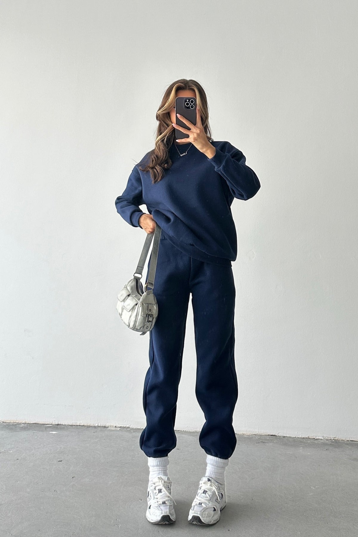Kadın Oversize Geniş Kalıp Basic Pamuklu Eşofman Takıım - Lacivert - 1