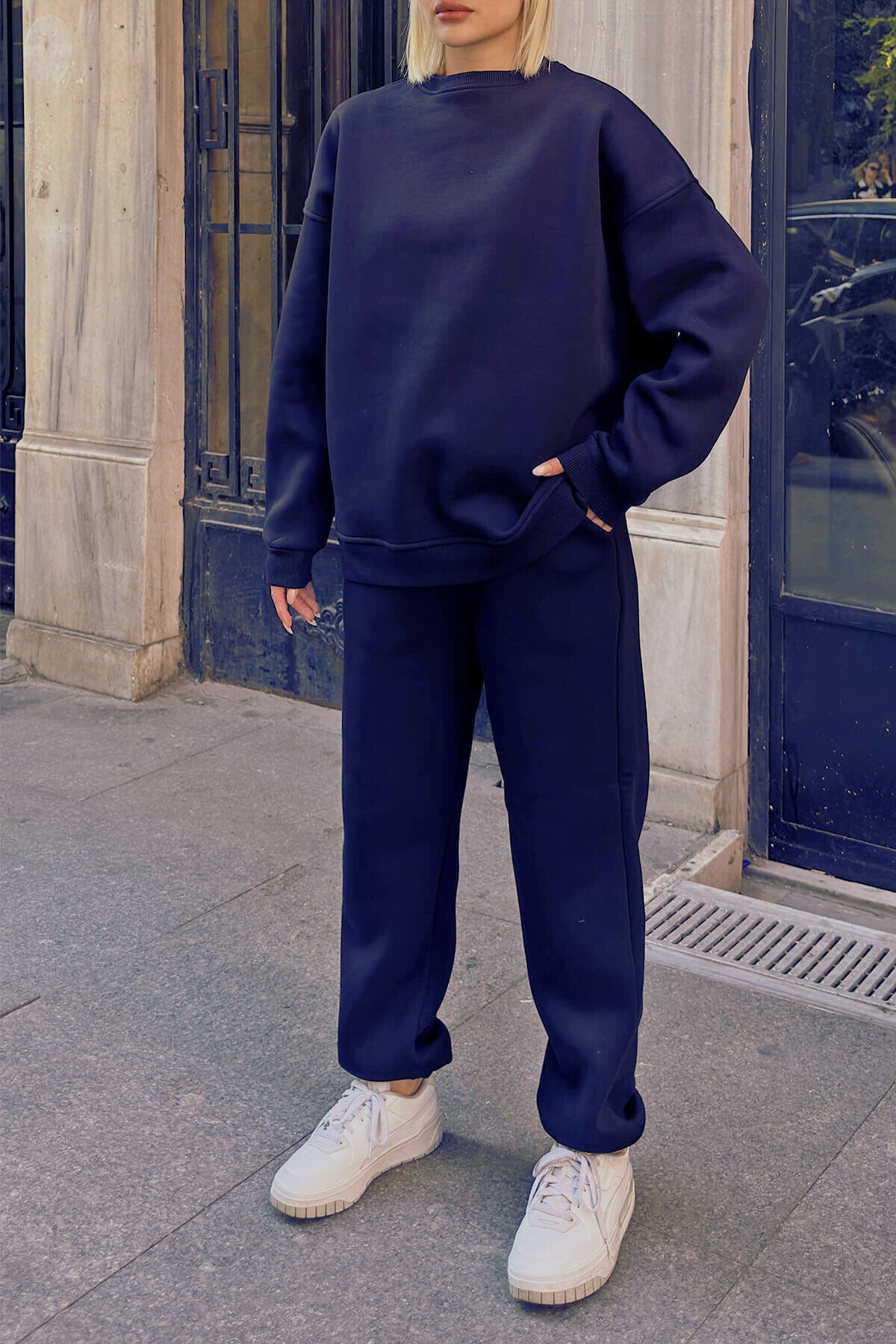 Kadın Oversize Puf Geniş Kalıp Basic Pamuklu Mevsimlik Rahat Eşofman Takımı - Lacivert - 3
