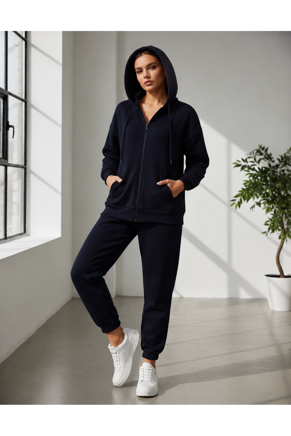 Kadin 3 İ̇pli̇ş Kapüşonlu Fermuarli Sweatshirt Hirka Yüksek Bel Jogger Eşofman Takimi - Lacivert - 2