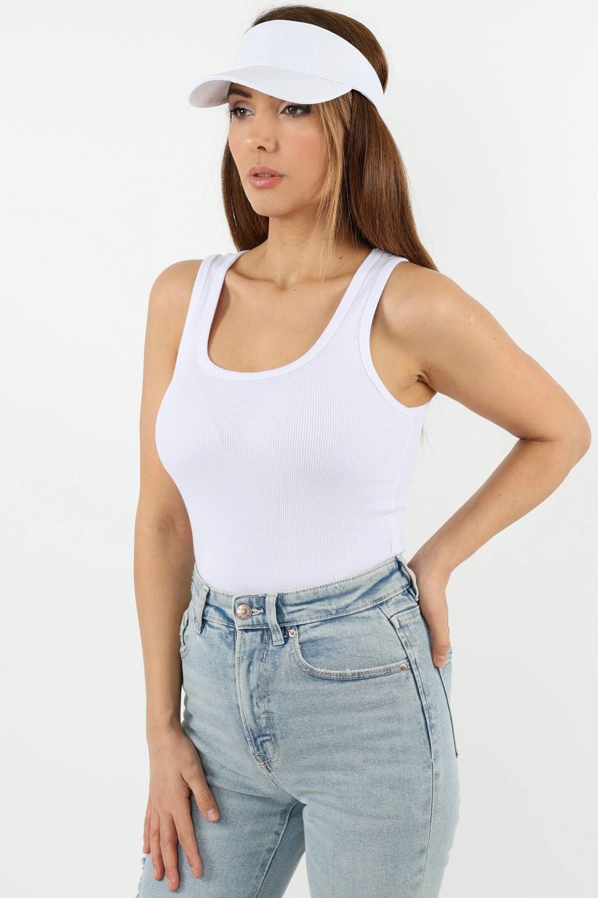 Kadın Beyaz Fitilli Kalın Askılı Basic Örme Atlet - Beyaz - 4