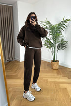 Kadin 3 İ̇pli̇k Oversi̇ze Premi̇um Sweatshi̇rt Eşofman Takimi - Kahverengi - 1