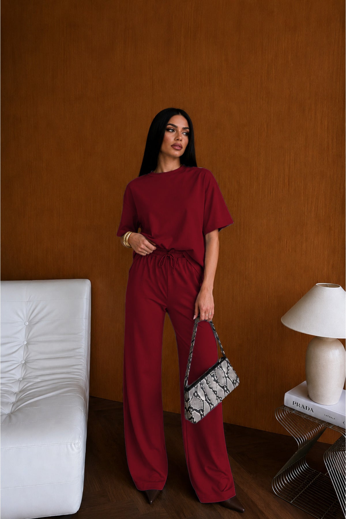 Kadın Basic Kısa Kolluşık Rahat Günlük Ve Modern Takım - Bordo - 3