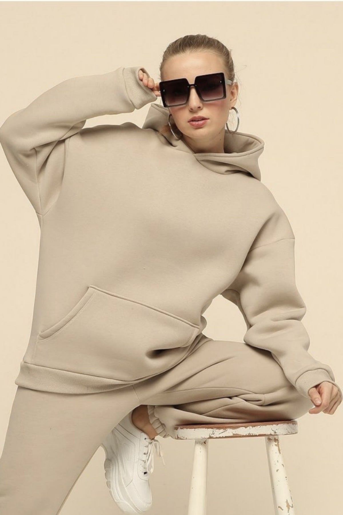Kadın Salaş Bol Günlük Oversize Sweatshirt - Bej - 2