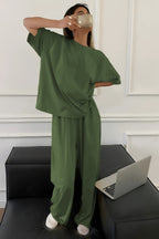 Kadın Bisiklet Yaka Yazlık Kısa Kollu Pijama Takımı - Yeşil - 3