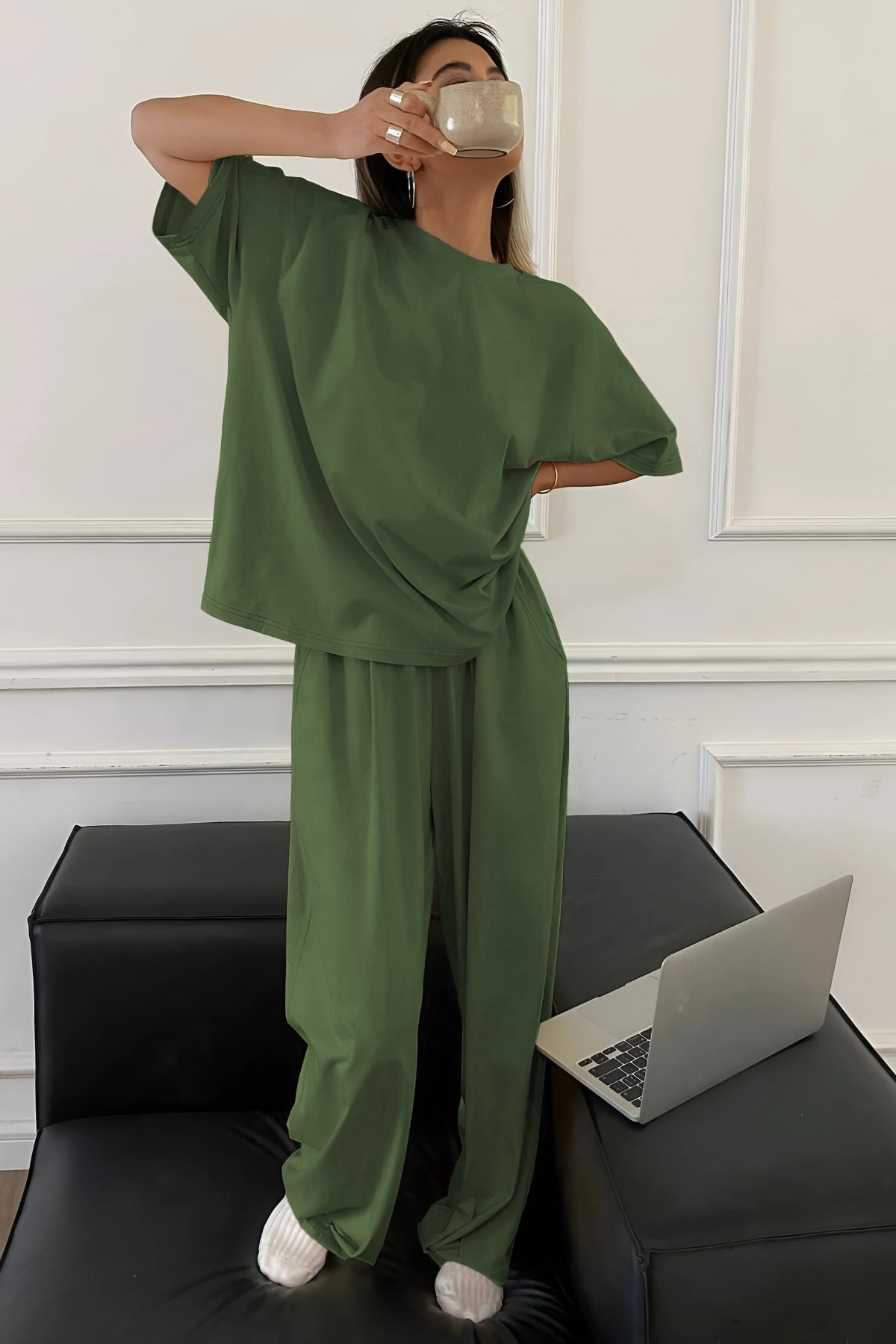 Kadın Bisiklet Yaka Yazlık Kısa Kollu Pijama Takımı - Yeşil - 3