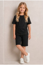 Çocuk Kısa Kollu Baskısız Basic Oversıze Geniş Kalıp Beli Bağlamalı Esnek 1-10 Yaş Arası Yaz Sezonu Sportif T-shirt / Şort Takım - Siyah - 5