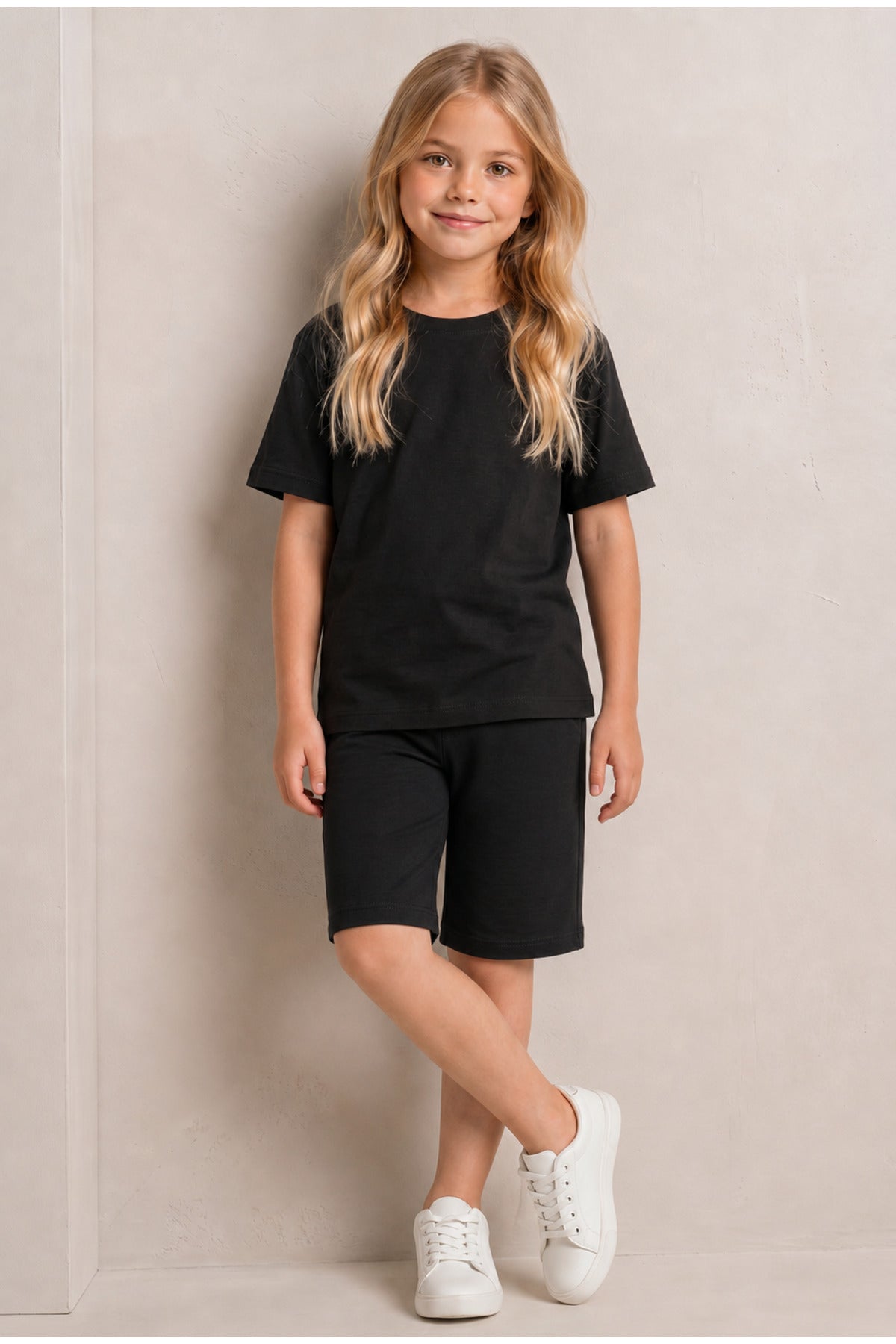 Çocuk Kısa Kollu Baskısız Basic Oversıze Geniş Kalıp Beli Bağlamalı Esnek 1-10 Yaş Arası Yaz Sezonu Sportif T-shirt / Şort Takım - Siyah - 5