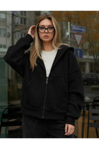 Kadin Oversi̇ze Kapüşonlu Fermuarli Hirka Sweatshirt - Siyah - 4