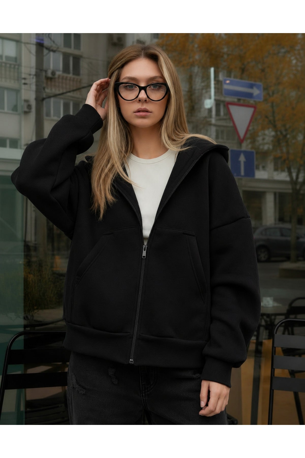 Kadin Oversi̇ze Kapüşonlu Fermuarli Hirka Sweatshirt - Siyah - 4