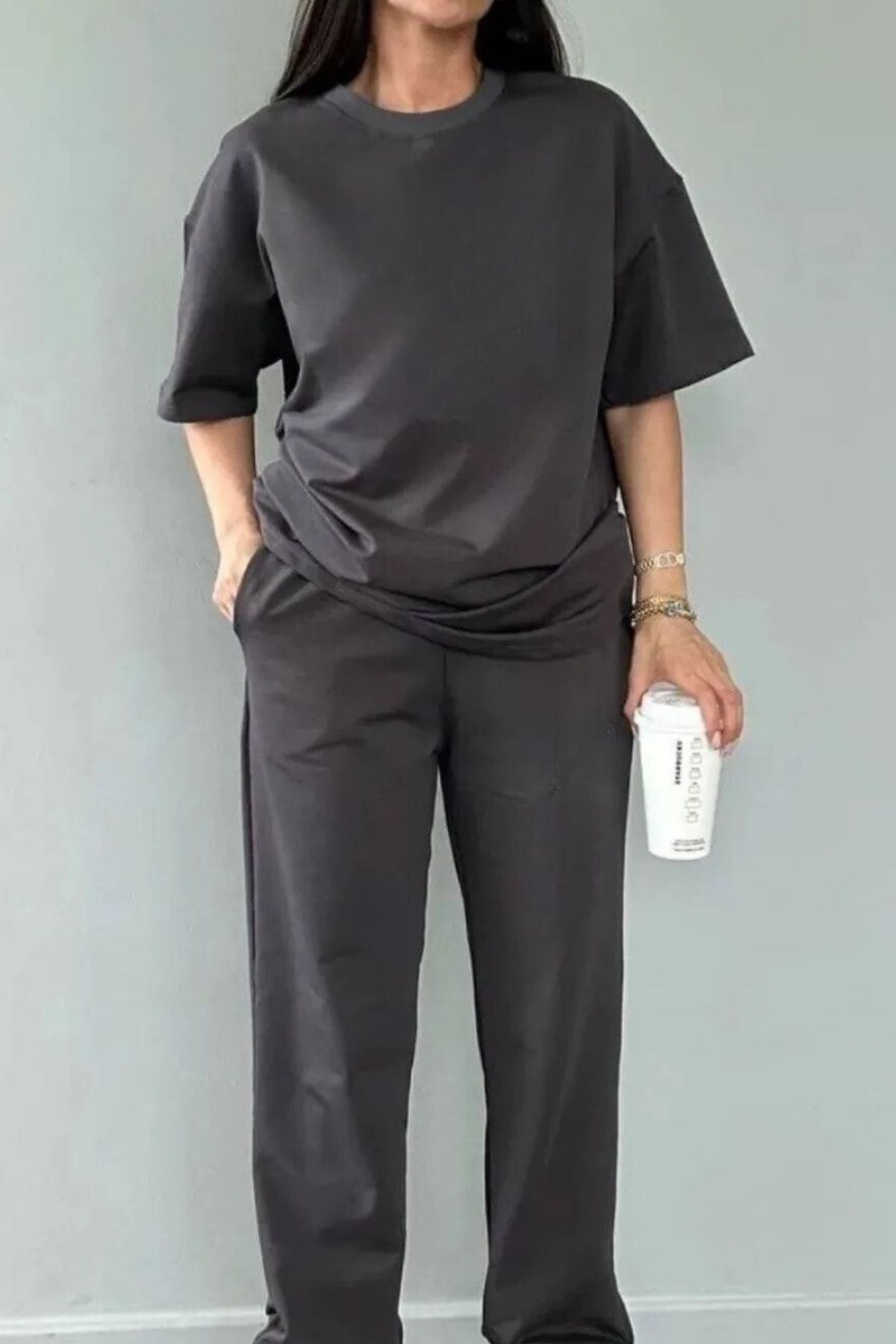 Kadın Kısa Kollu Penye Pijama Takımı Oversize Bisiklet Yaka - Füme - 3