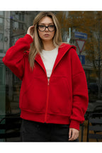 Kadin Oversi̇ze Kapüşonlu Fermuarli Hirka Sweatshirt - Kırmızı - 4