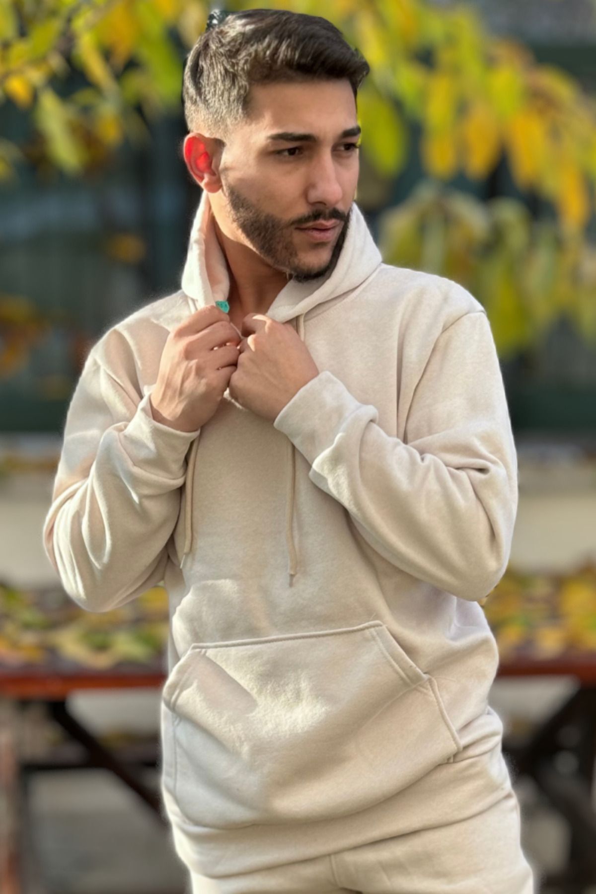 Erkek Kapşonlu Kanguru Cepli̇ 3 İ̇pli̇k Oversi̇ze Sweatshi̇rt - Bej - 3
