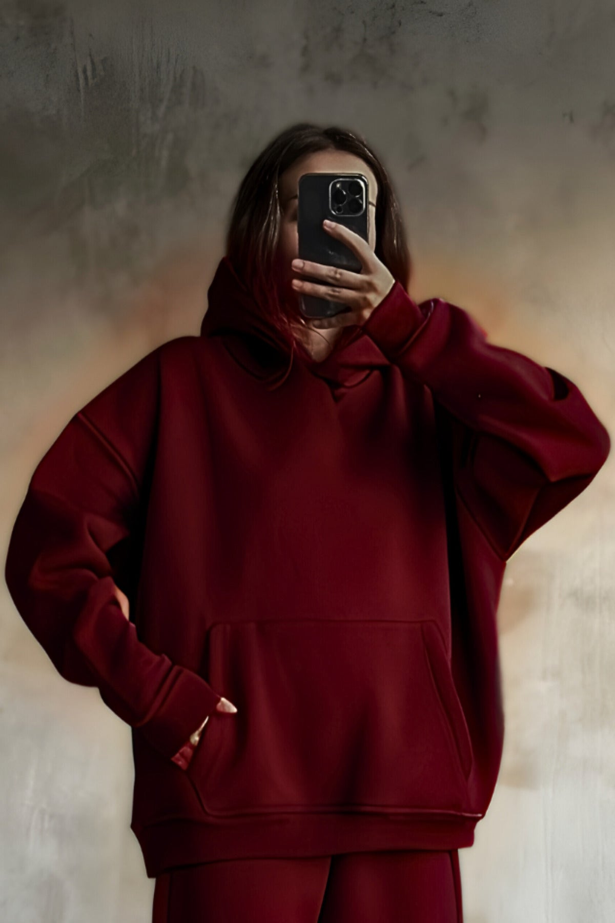 İ̇çi Pamuklu Bol Kalıp Sweatshirt - Bordo - 1