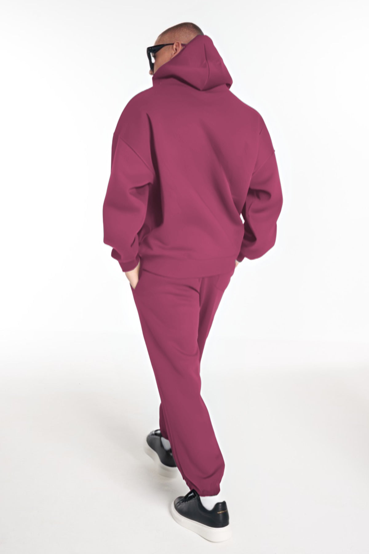 Erkek Trend 3 İ̇plik İ̇çi Pamuklu Oversize Baskısız Paçası Lastikli Eşofman Takımı - Mürdüm Melanj - 3