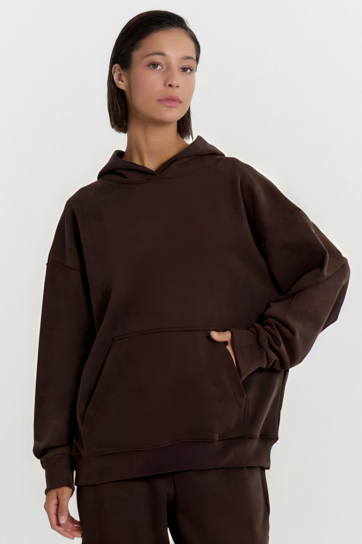 Kadın Baskısız Düz İ̇çi Şardonlu Kalın Kışlık Sweatshirt - Kahverengi - 1