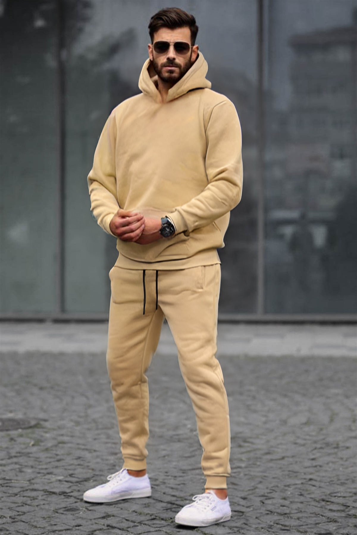 Erkek Oversize 3i̇plik Şardonlu Eşofman Takımı - Vizon - 1