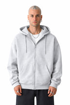 Erkek Basic Unisex Tam Fermuar Sweatshirt Hırka - Gri - 1