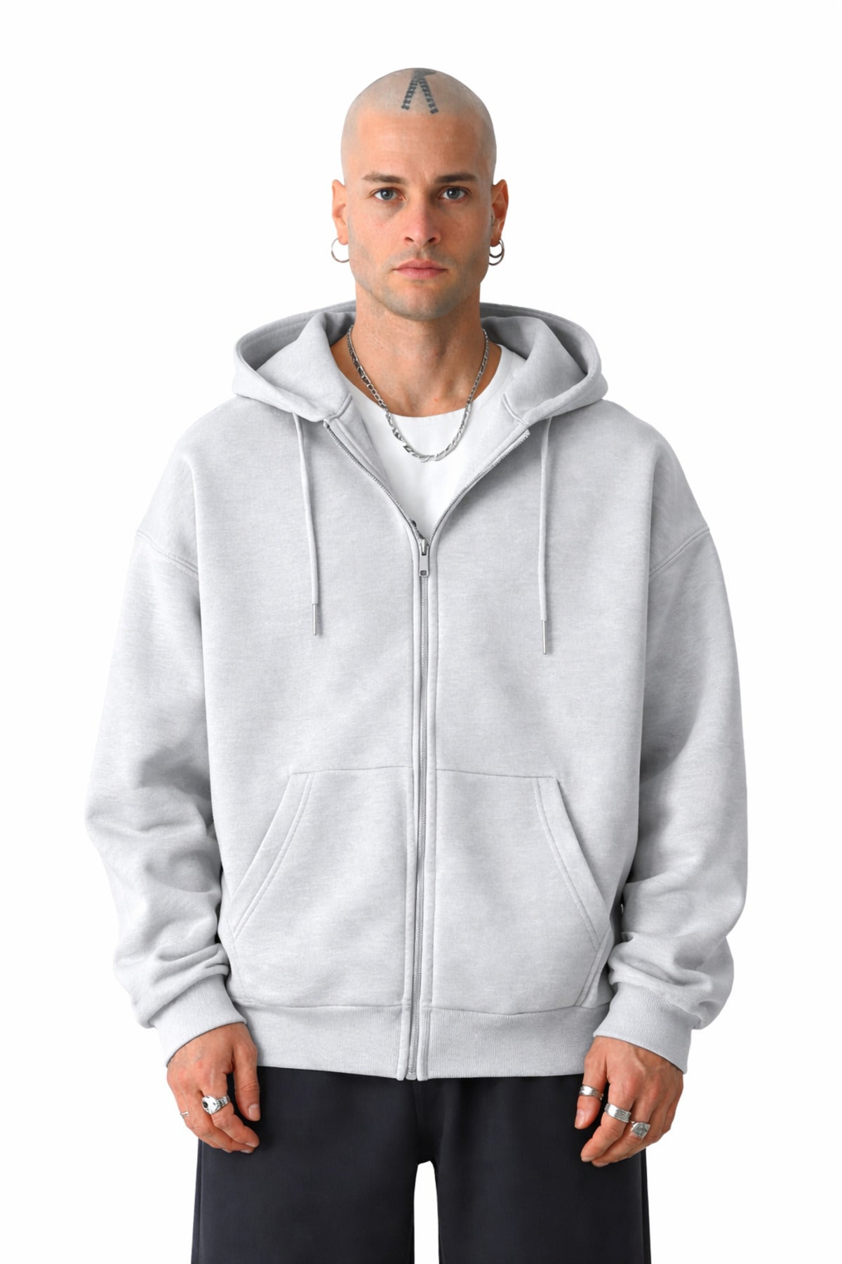 Erkek Basic Unisex Tam Fermuar Sweatshirt Hırka - Gri - 1