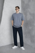 Erkek Siyah Basic Oversize Tişört Rahat Kalıp Düz Minimal Pamuklu Günlük T-shirt - Füme - 1