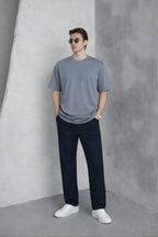 Erkek Siyah Basic Oversize Tişört Rahat Kalıp Düz Minimal Pamuklu Günlük T-shirt - Füme - 1