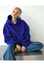 Oversize Kapşonlu Basic Baskısız Okul Sweatshirt - Saks - 3