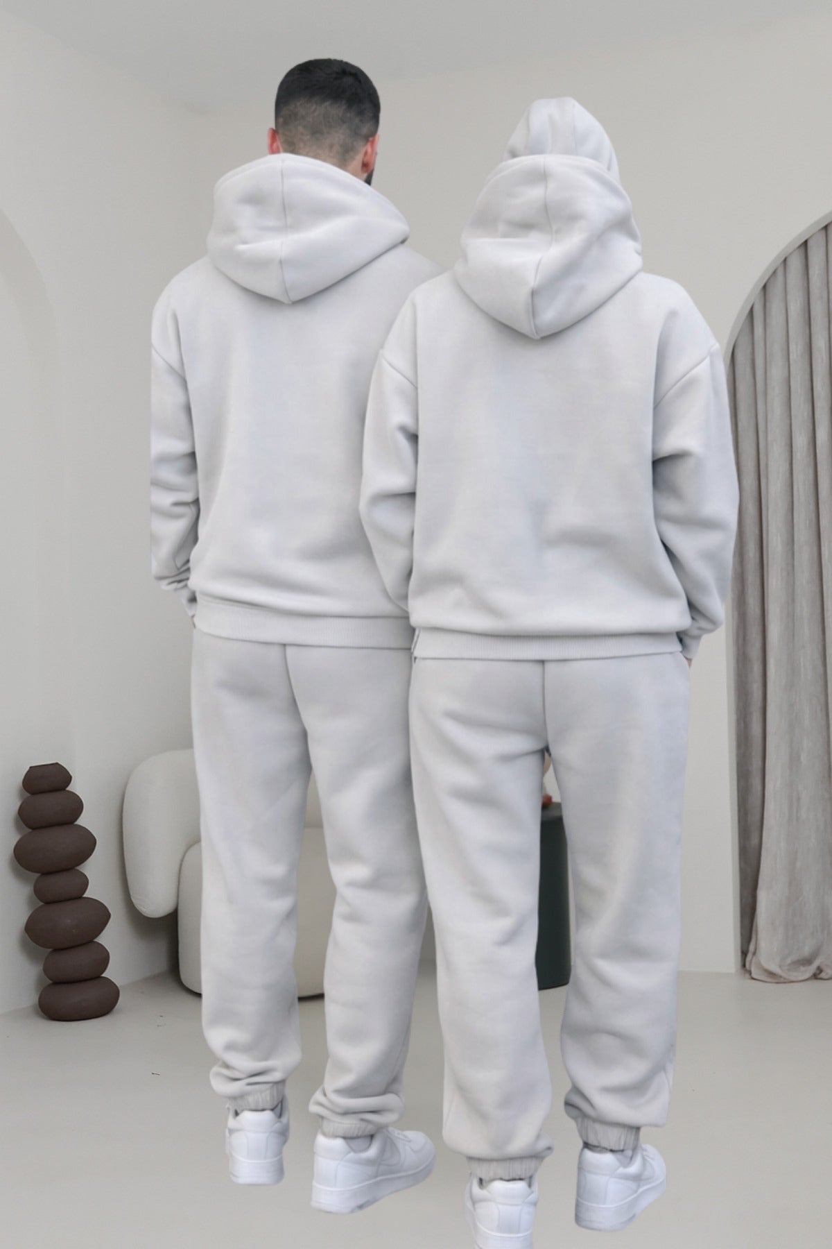 Çiftlere Özel Basic Oversize Kapşonlu Eşofman Takımı - Gri - 3