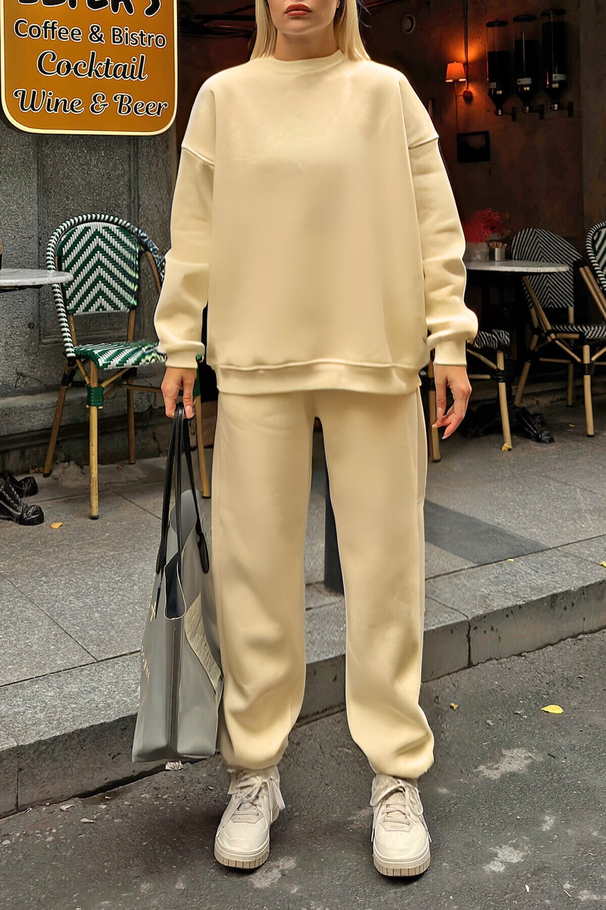 Kadın Oversize Puf Geniş Kalıp Basic Pamuklu Mevsimlik Rahat Eşofman Takımı - Vizon - 3