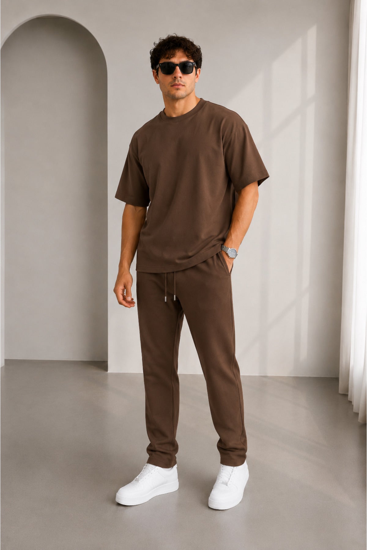Erkek Oversize Basic İ̇kili Takım Bisiklet Yaka Rahat Kalıp Günlük Eşofman Takımı - Kahverengi - 2
