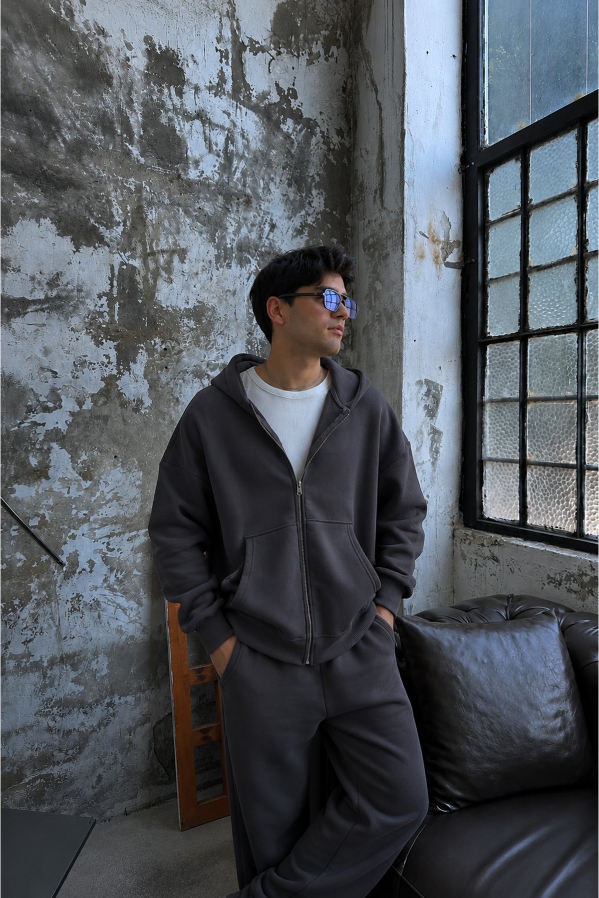 Erkek Unisex Model Basic 3i̇plik Kapşonlu Hırka - Füme - 2