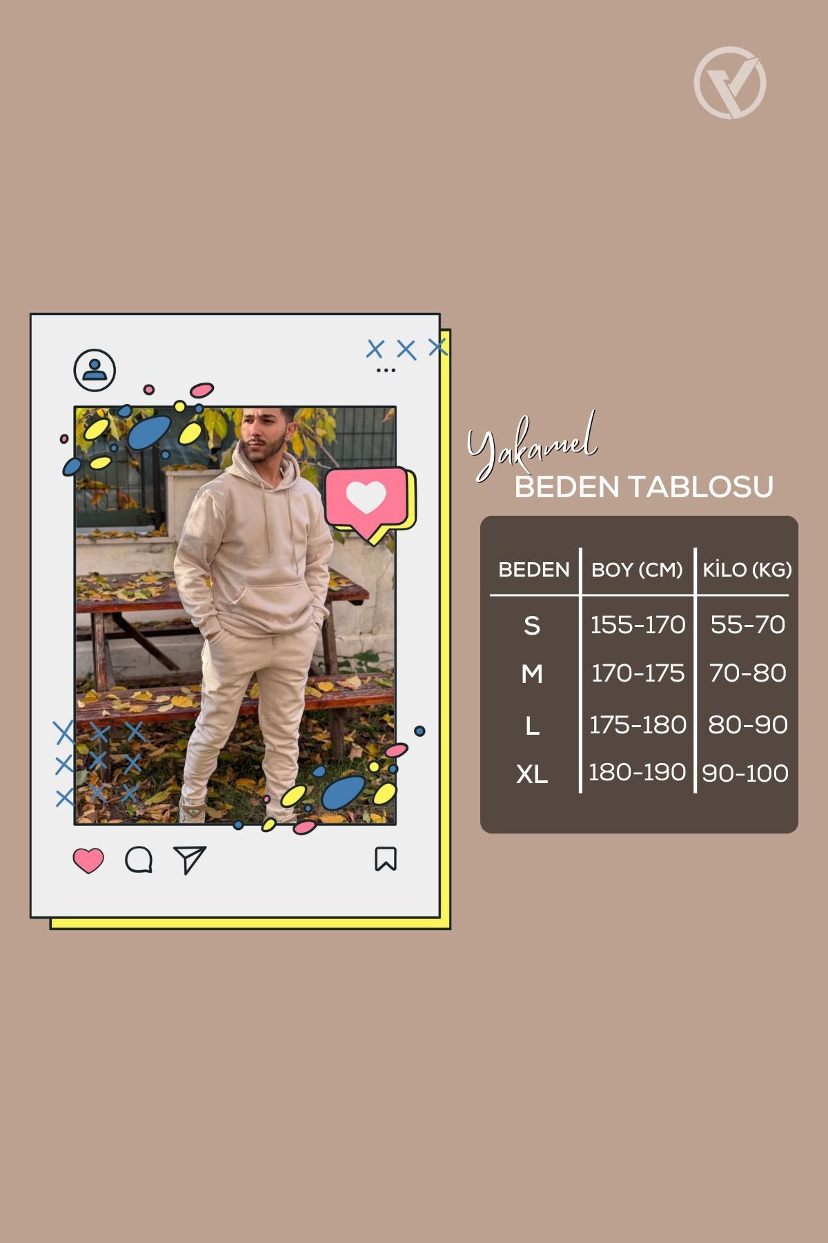 Ob Comfort Kapşonlu Kanguru Cep Oversize Lastik Paça Koyu Bej Eşofman Takımı - Bej - 6