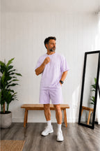 Erkek Oversize Basic Tişört Şort Takım Günlük Kısa Kollu Yazlık Eşofman Takımı - Lila - 3