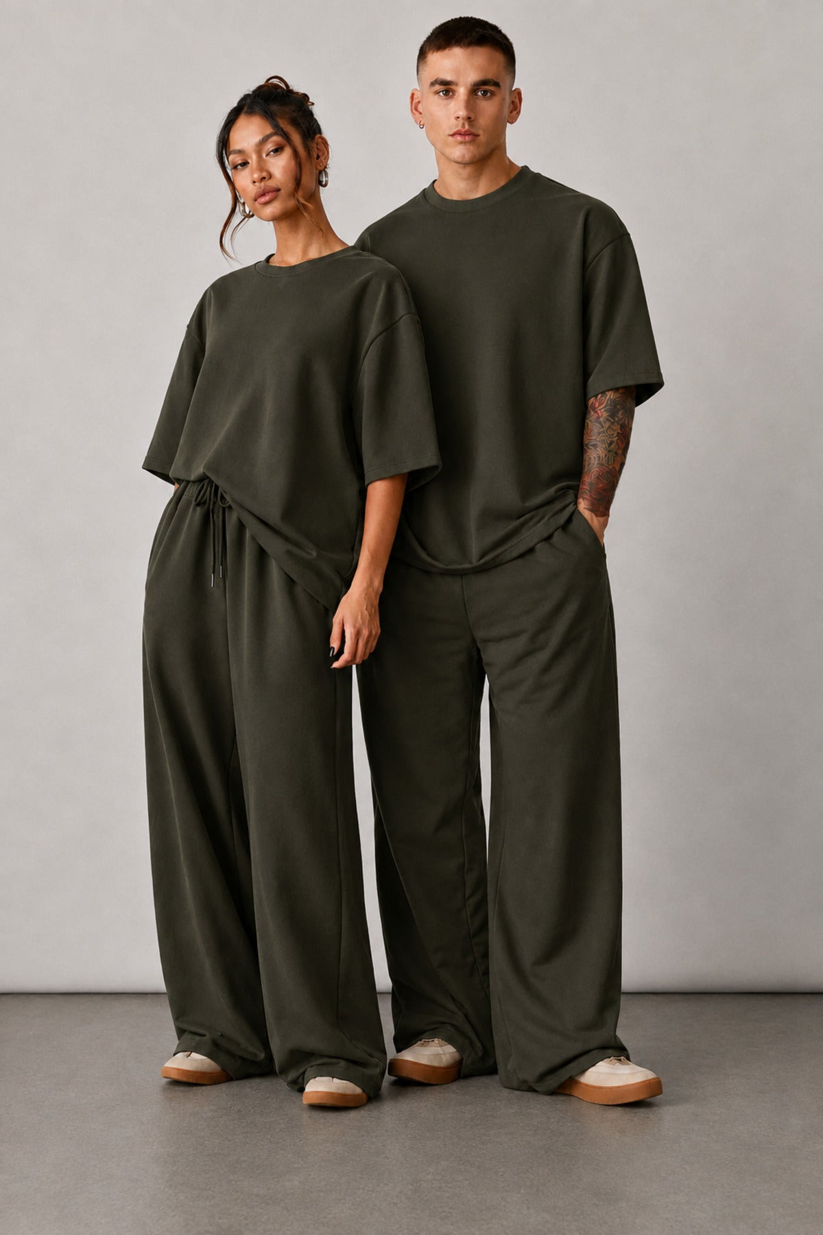 Unisex Çi̇ftleri̇n Kullanimina Uygun Oversi̇ze Kisa Kollu Eşofman Takimi (tekli̇) - Haki - 2
