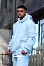 Erkek Oversize 3 İ̇plik Pamuklu Şardonlu Kanguru Cep Kapşonlu Kalın Hoodie Sweatshirt - Bebe Mavi - 2