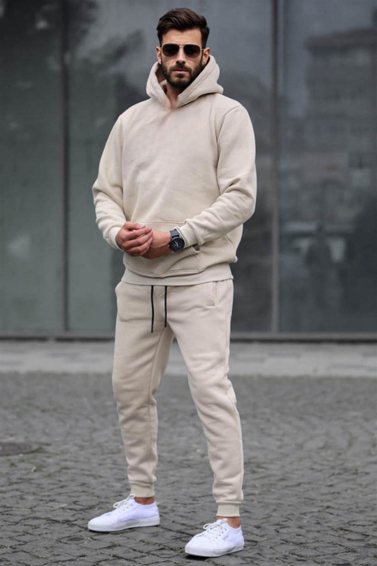 Erkek Oversize 3i̇plik Şardonlu Eşofman Takımı - Bej - 2