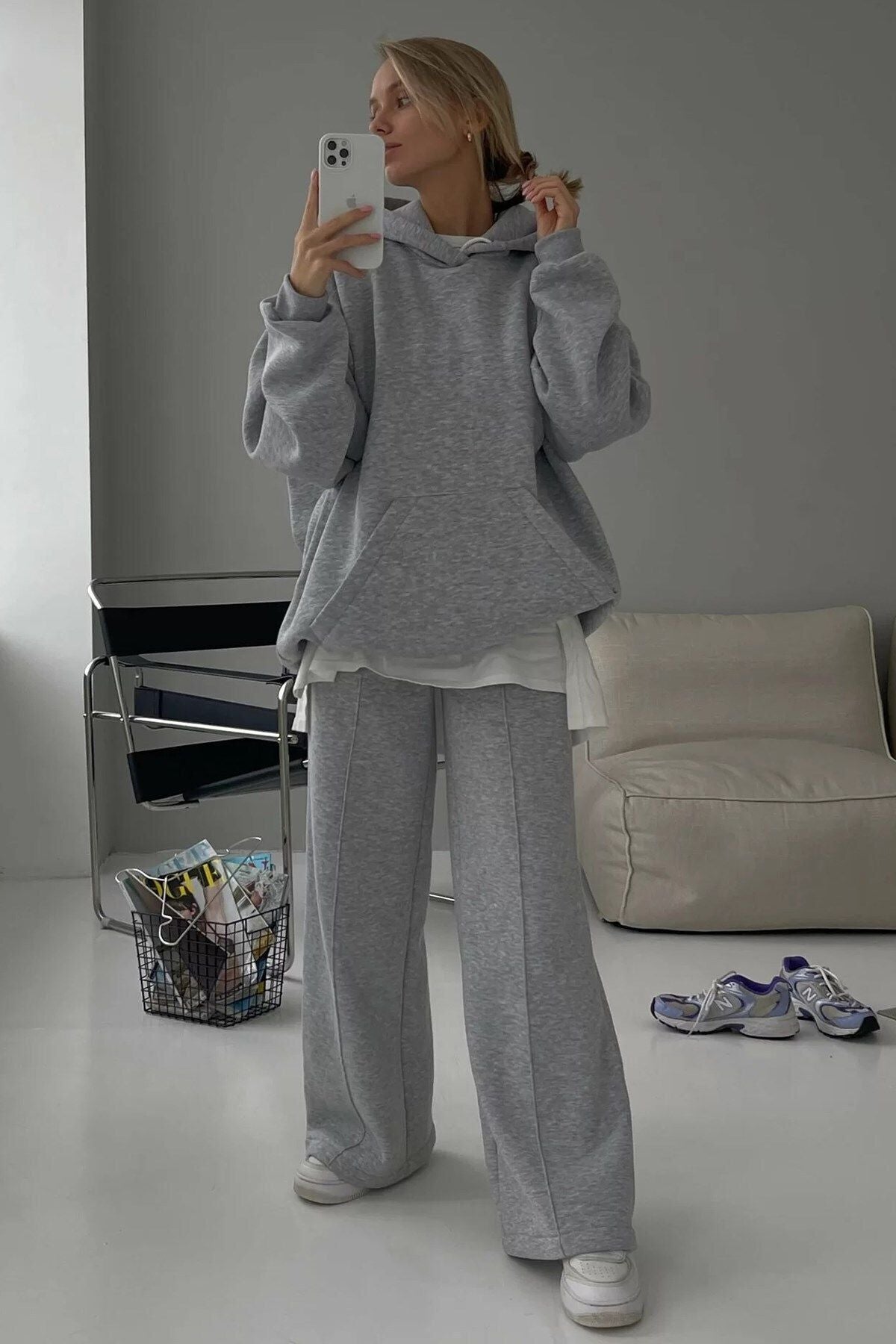 Kadın Gri Melanj Kapüşonlu Şardonlu Oversize Hoodie Sweatshirt Ob - Gray/Gri - 2