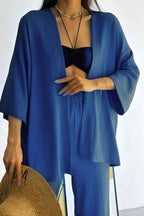Kadın Bol Paça Palazzo Kimono Alt Üst Takım - İndigo - 2