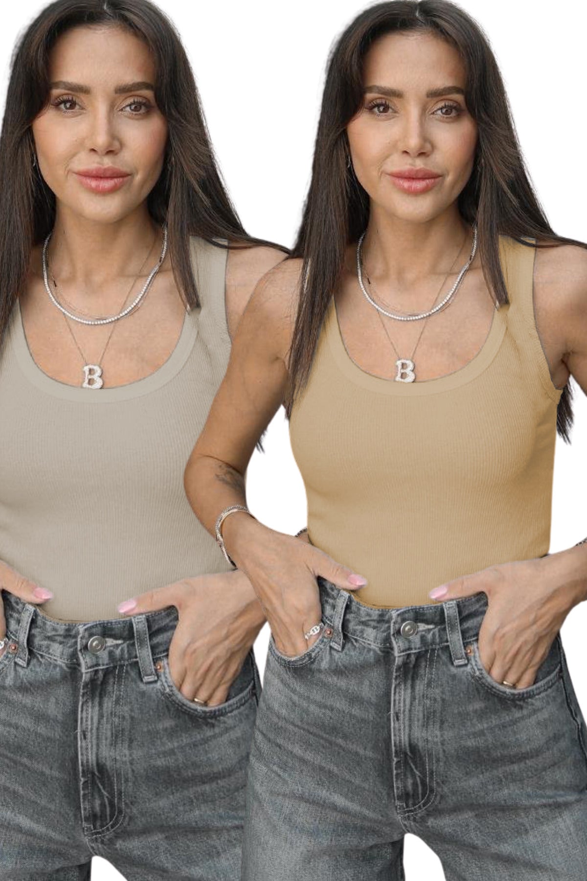 Kadin 2'li̇ Açik Bej Ve Koyu Bej Fi̇ti̇lli̇ Kalin Askili Esnek Atlet Body - Bej - 2