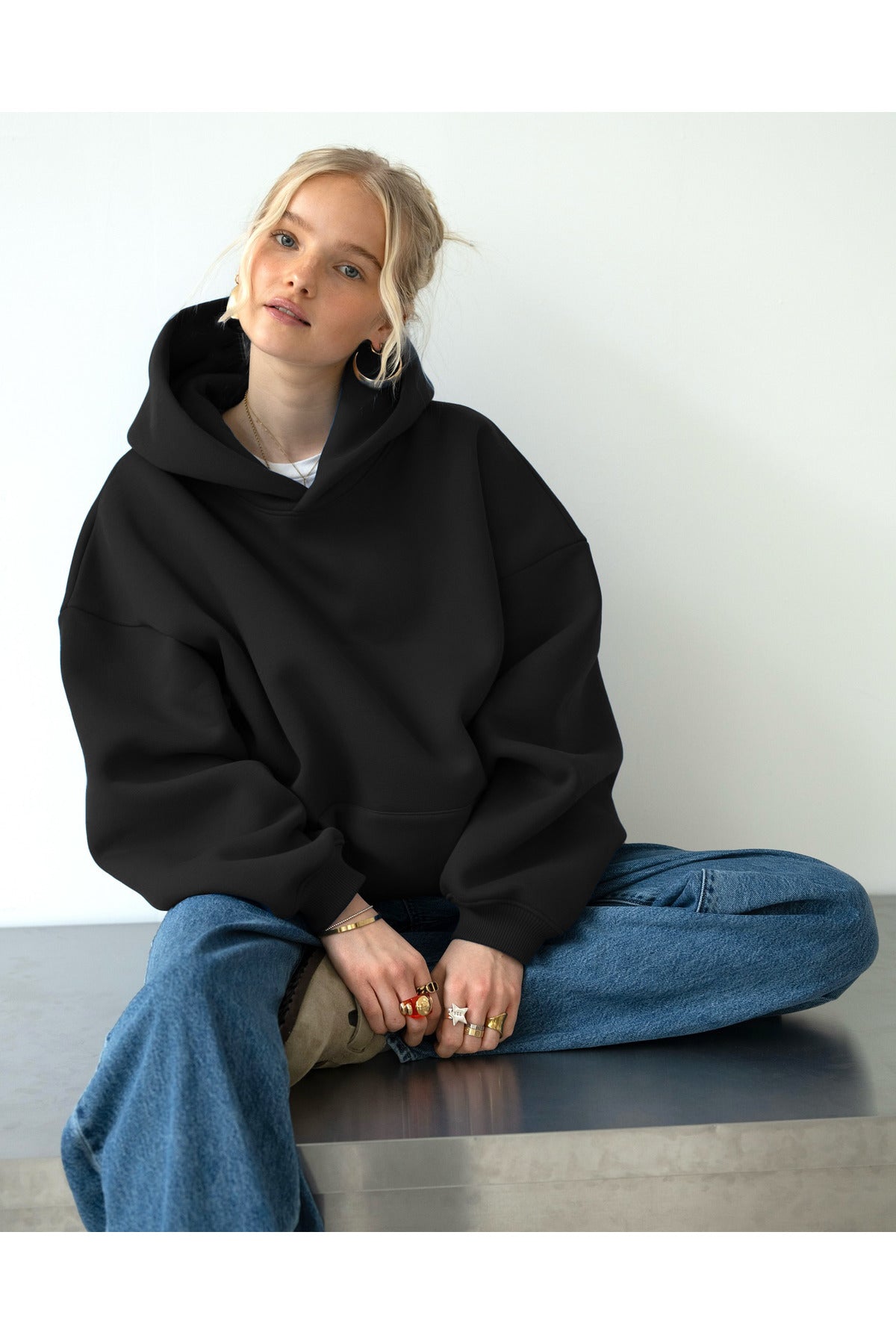 Oversize Kapşonlu Basic Baskısız Okul Sweatshirt - Siyah - 3