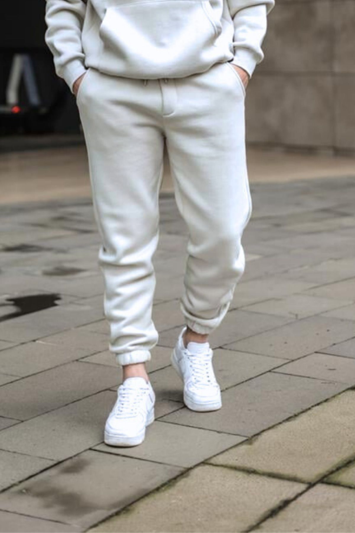 Bay Beyaz Beli Lastikli 3 İplik Streetwear Eşofman Altı - Beyaz - 2