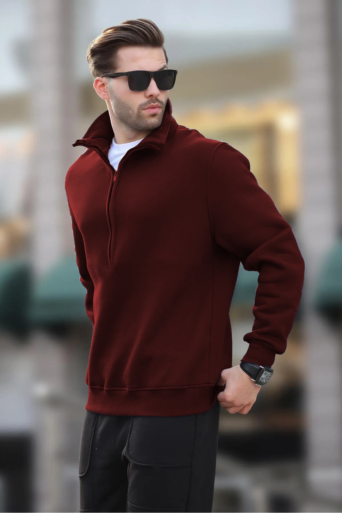 Erkek Yarım Fermuarlı Dik Yaka Oversize 3 İ̇plik Şardonlu Sweatshirt - Bordo - 2