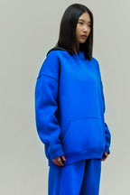 Kadın Rahat Oversize 3 İ̇plik Pamuklu Şardonlu Kanguru Cep Kapşonlu Sweatshirt - Saks Mavi - 3