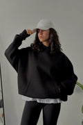 Kadın Kapşonlu Kalın Kanguru Cepli Sweatshirt - Siyah - 1