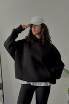 Kadın Kapşonlu Kalın Kanguru Cepli Sweatshirt - Siyah - 1