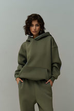 Kadın 3 İ̇plik İ̇çi Pamuklu Kanguru Cep Regular İ̇çi Pamuklu Oversize Sweatshirt - Haki - 1