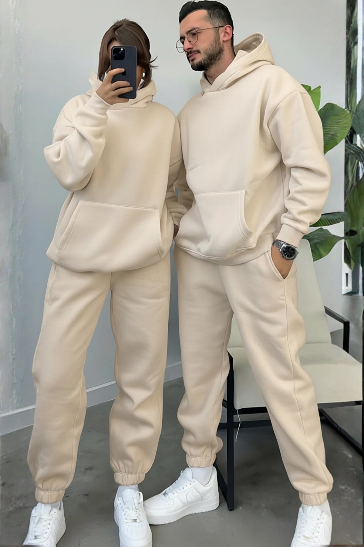 Kadın Erkek Trend Model Çiftlere Özel 3 İplik Oversize Kışlık Kalın Eşofman Takımı (tekli̇) - Açık Bej - 2