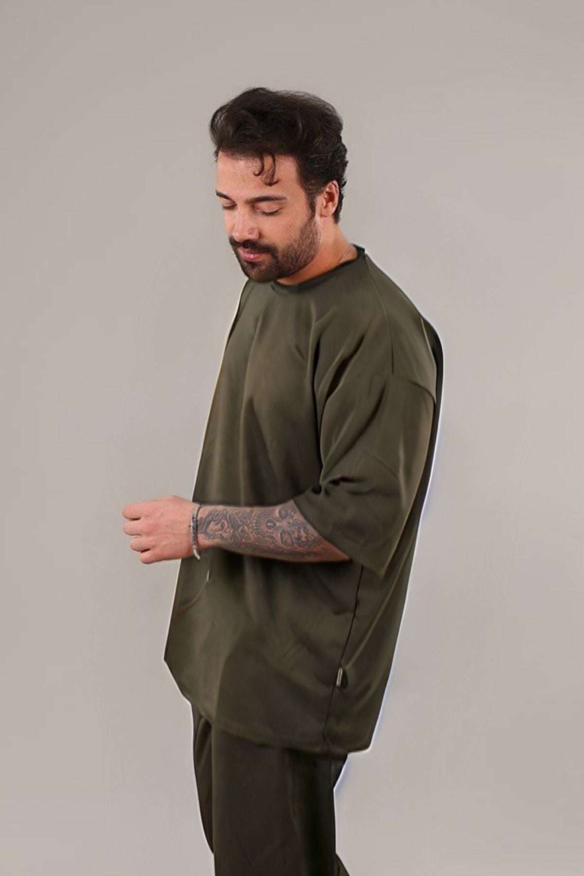 Erkek Oversize Comfort Penye T-shirt - Haki - 4